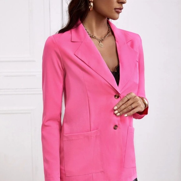 Plaid lapel collar blazer jacket hot pink neon - Picture 3 of 3